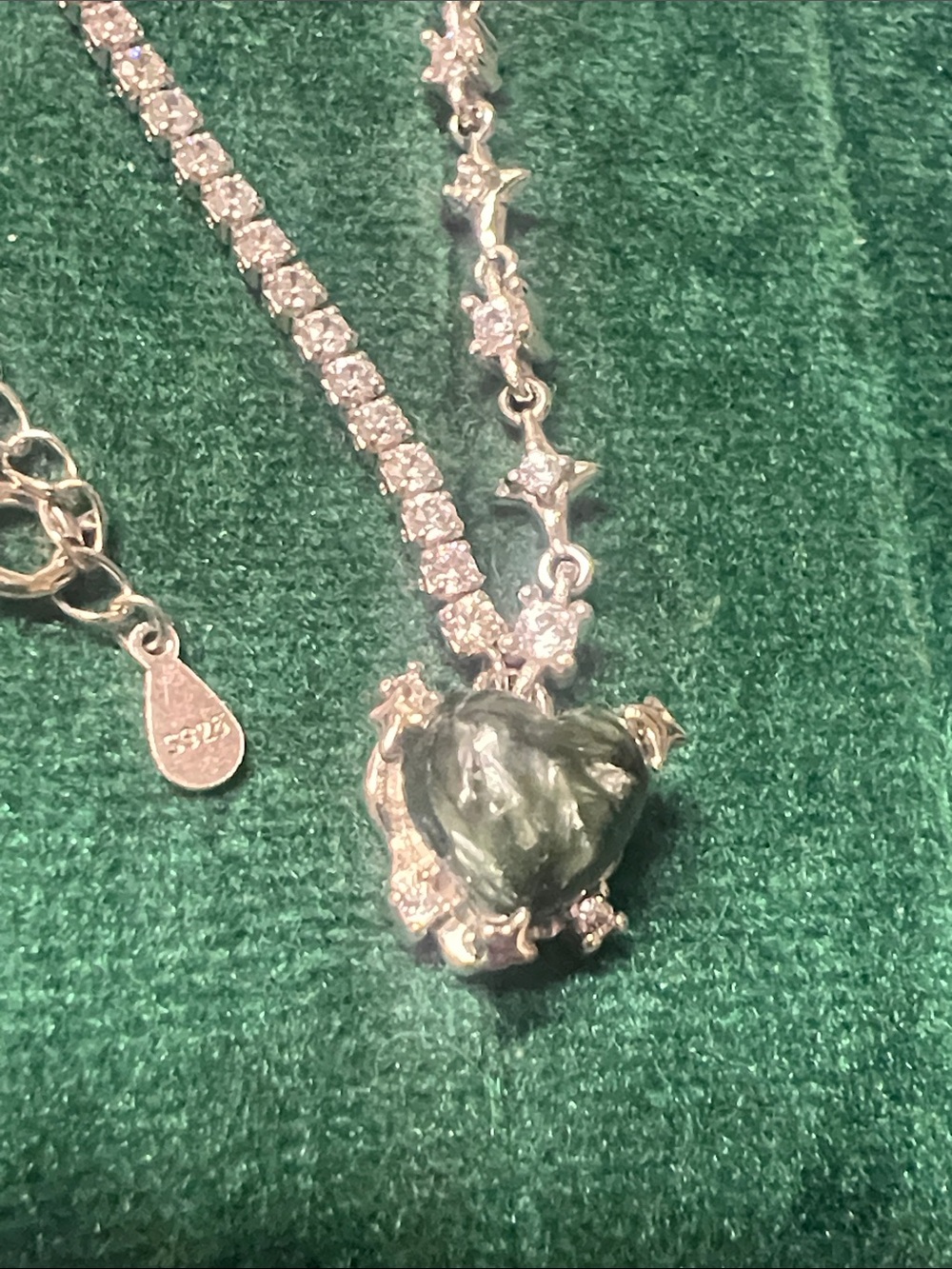 Sterling Silver Heart Pendant Necklace with Dark Green Gem seraphinite